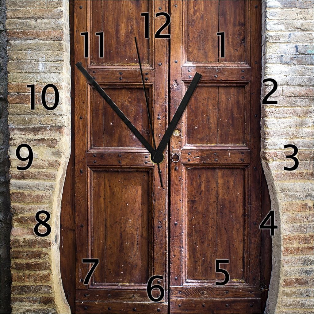Wallario Design Wanduhr Holztür braun aus Echtglas, Größe 30 x 30 cm