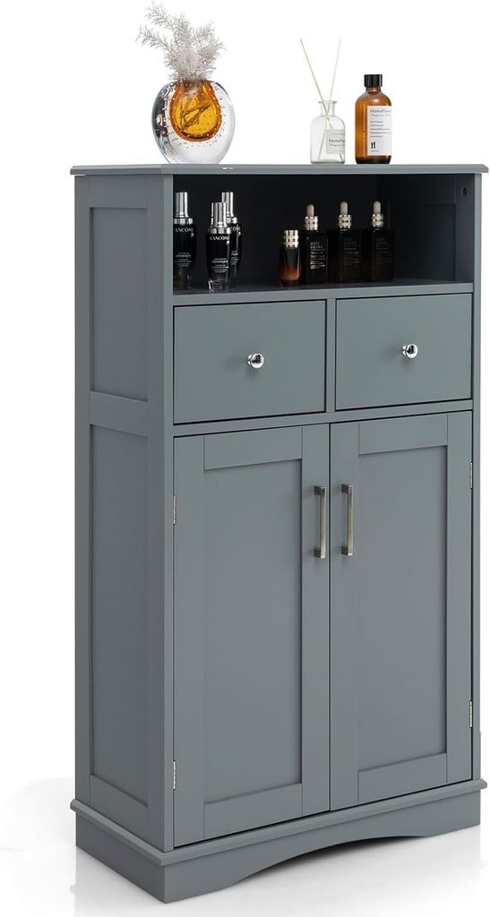A gray bathroom cabinet with two doors and two drawers, displayed against a white background.
