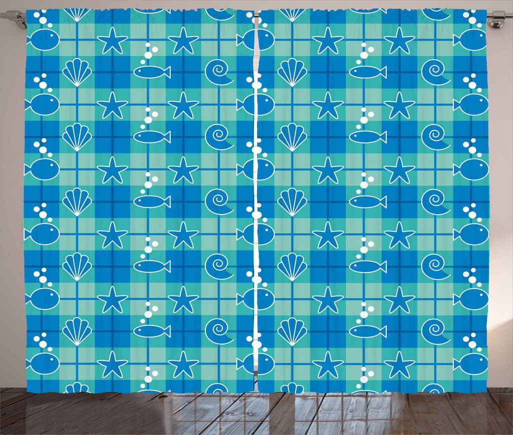 ABAKUHAUS Sea Shells Rustikaler Gardine, Kariertes Muster Marine, Schlafzimmer Kräuselband Vorhang mit Schlaufen und Haken, 280 x 225 cm, Mintgrü...