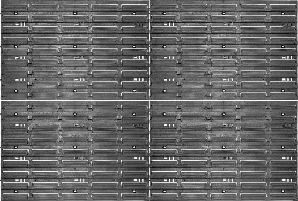 A collage of four identical images showing a storage system made of PP plastic.