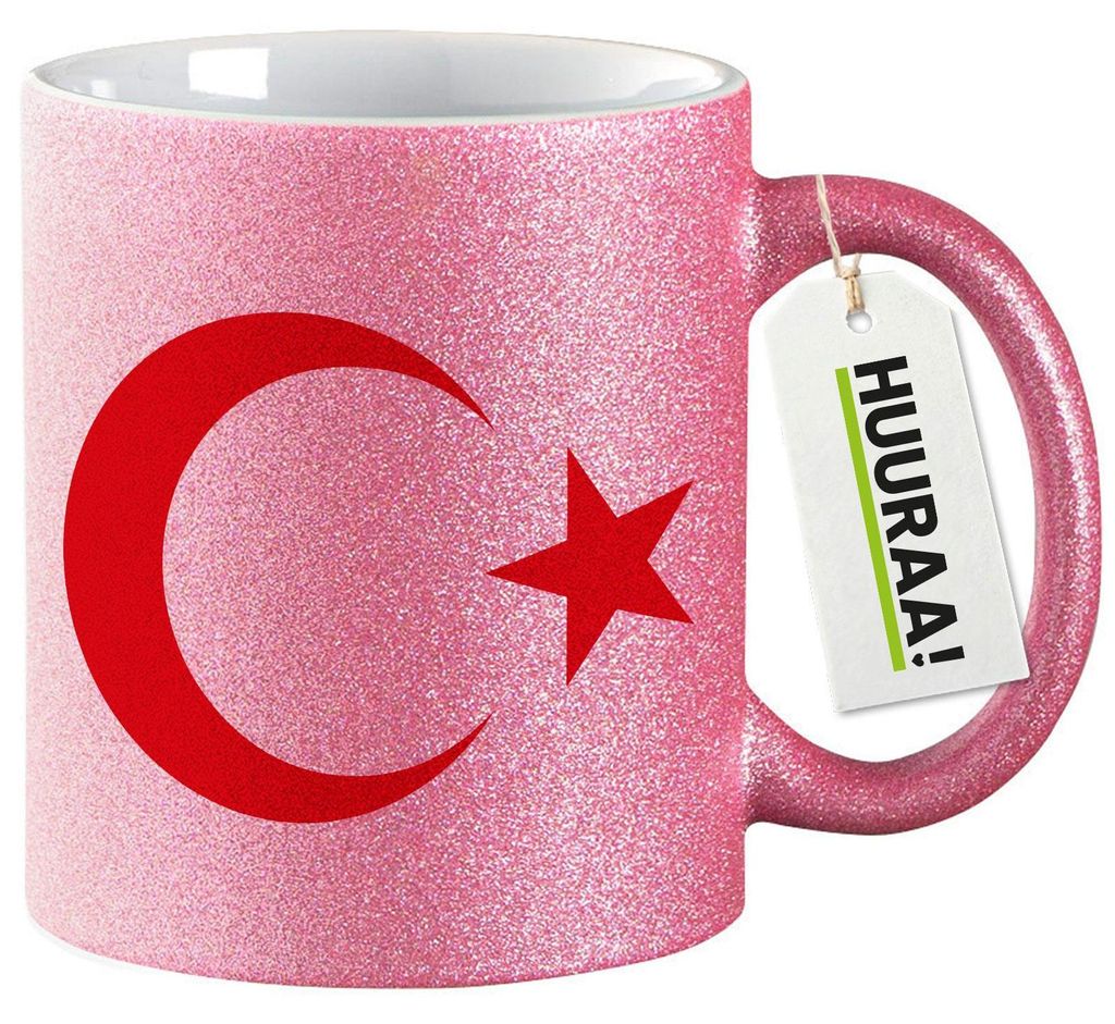 Huuraa Glitzertasse Türkei Halbmond und Stern 330ml Pink Keramik Kaffeebecher Geschenkidee