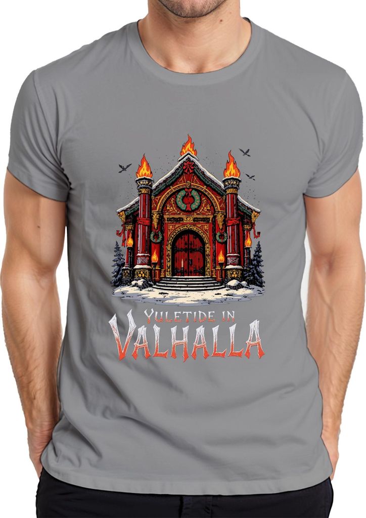 Yuletide in Valhalla Wikinger Nordisch Weihnachten Raben Vintage Herren T-Shirt, Grau, XL
