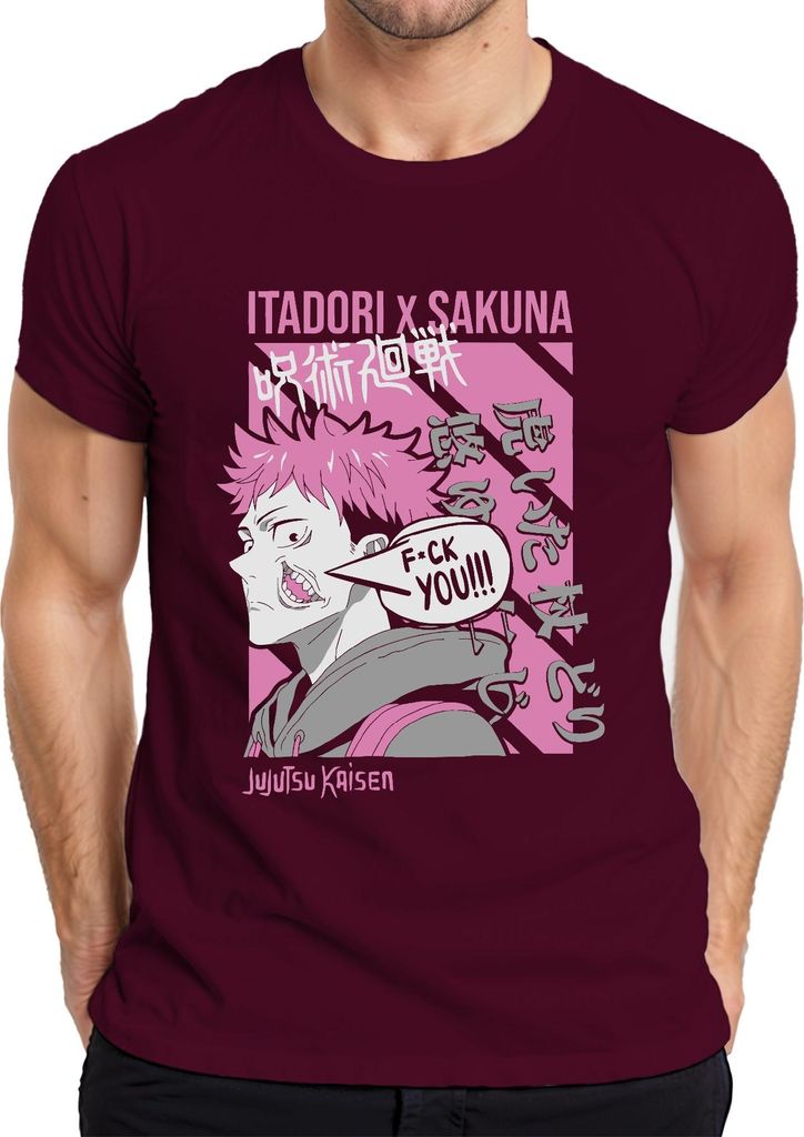 FUCK YOU Jujutsu Kaisen Itadori Yuji Sakuna Anime Ästhetik Pink Herren T-Shirt, Burgundy, L