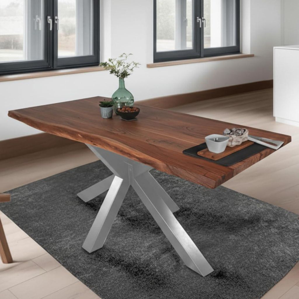 Esstisch 300 x 100 cm Tim, Baumkantentisch nussbaumfarben, Akazienholz massiv, Spider-Gestell aus Metall Silber