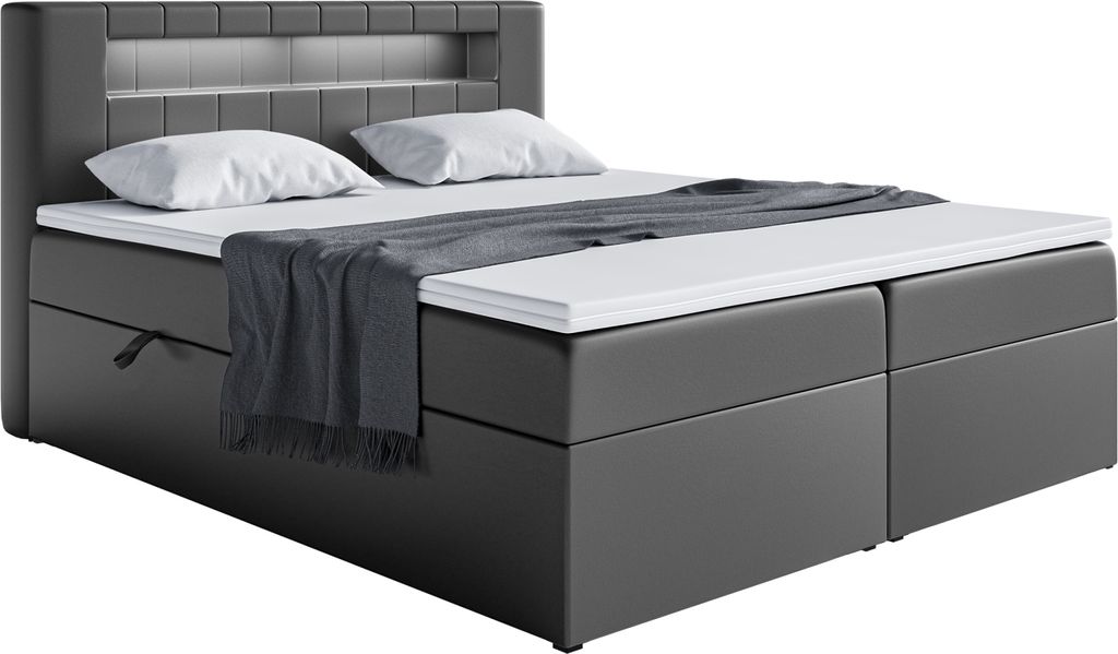 MEBLINI Boxspringbett mit Bettkasten - Bett mit LED Kopfteil - Gepolstert Doppelbett mit Matratze und Topper - Polsterbett mit Stauraum - Stauraumb...