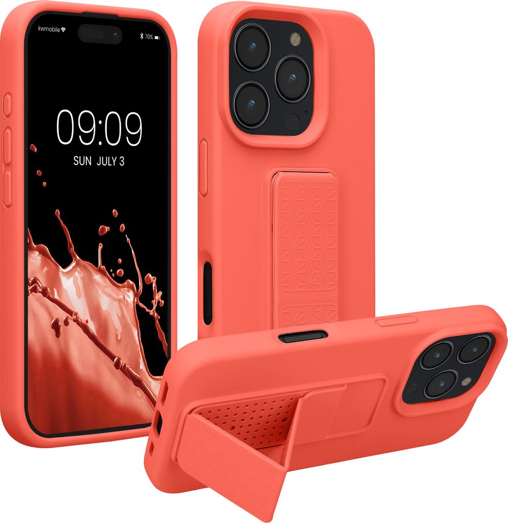 kwmobile Handyhülle kompatibel mit Apple iPhone 16 Pro - Hülle mit Fingerhalter und Standfunktion - Silikon Case Handy Cover in Koralle