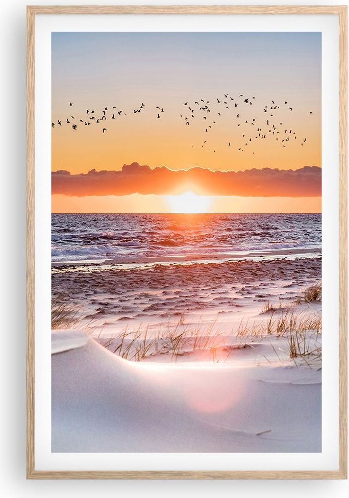 Gerahmtes Poster - Rahmen in heller Eiche - Sonne Strand Vögel - 61x91,5 cm - Wand Bild - Wanddeko - Wandbilder - Kunstposter - Wandposter - Bilde...