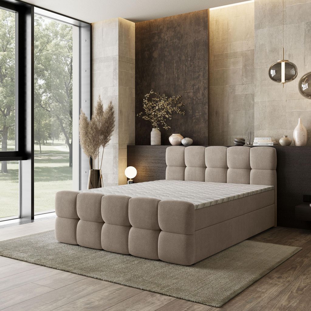 Masseno Boxspringbett BRUME 140x200 cm Komplett-Set mit Bonell Matratze und Topper, Polsterbett mit Bettkästen -Beige, SORO 21