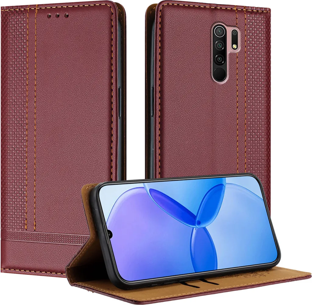 Custodia Xiaomi Redmi 9 in Pelle Rosso Scuro | Cover a Libro con Stand