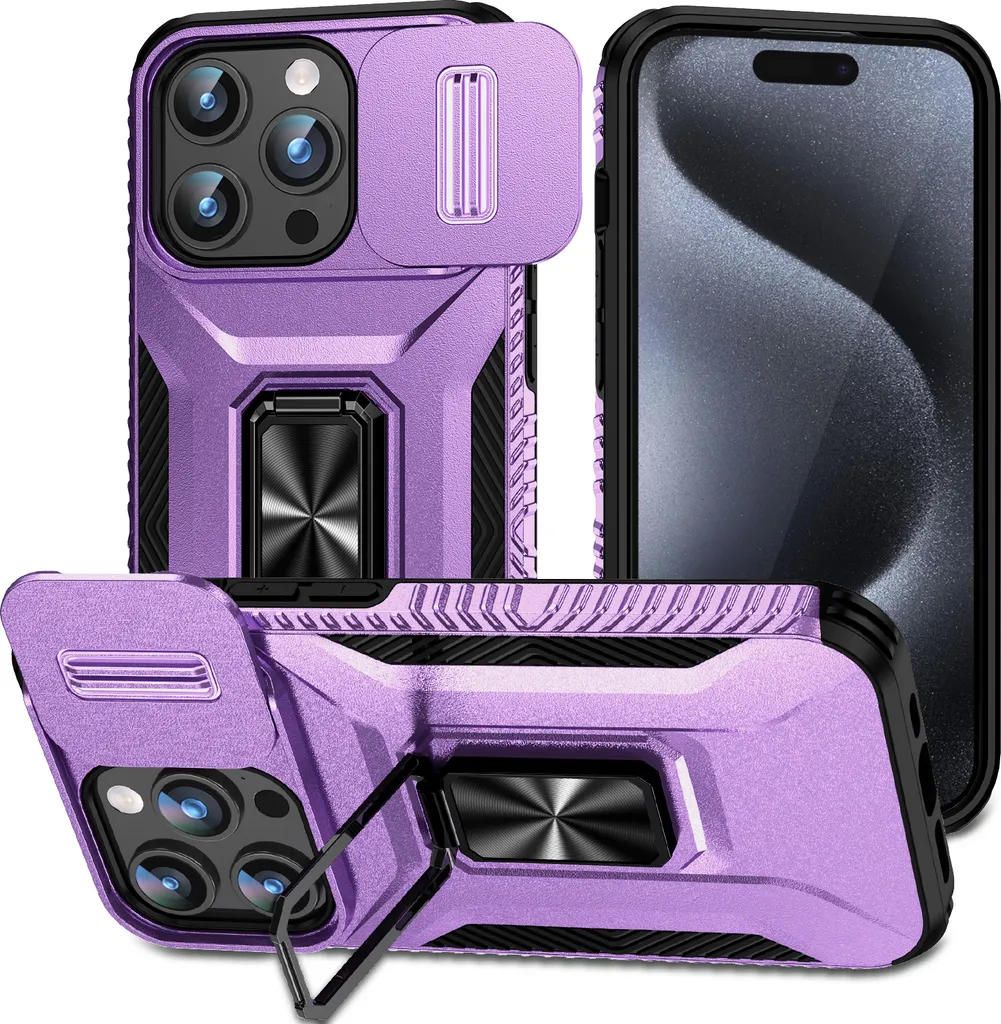 Cover iPhone 15 Pro Max Viola Robusta con Supporto Anello e Slider Camera