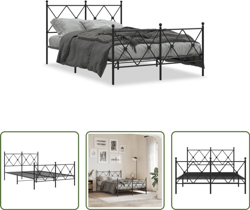 The Living Store Bettgestell mit Kopf- und Fußteil Metall Schwarz 120x190 cm