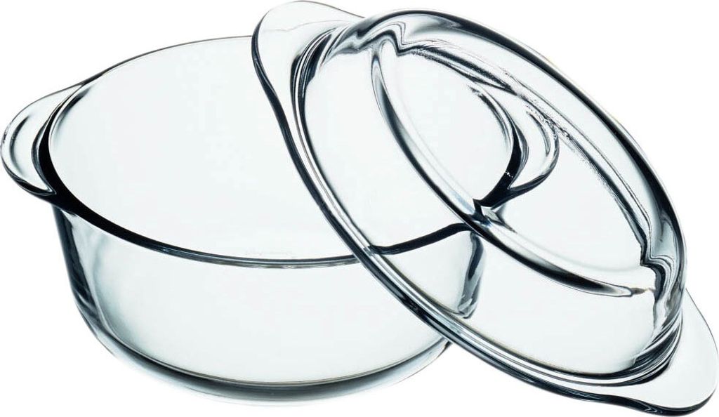 A clear glass casserole dish with a lid, shown from a side-diagonal angle.
