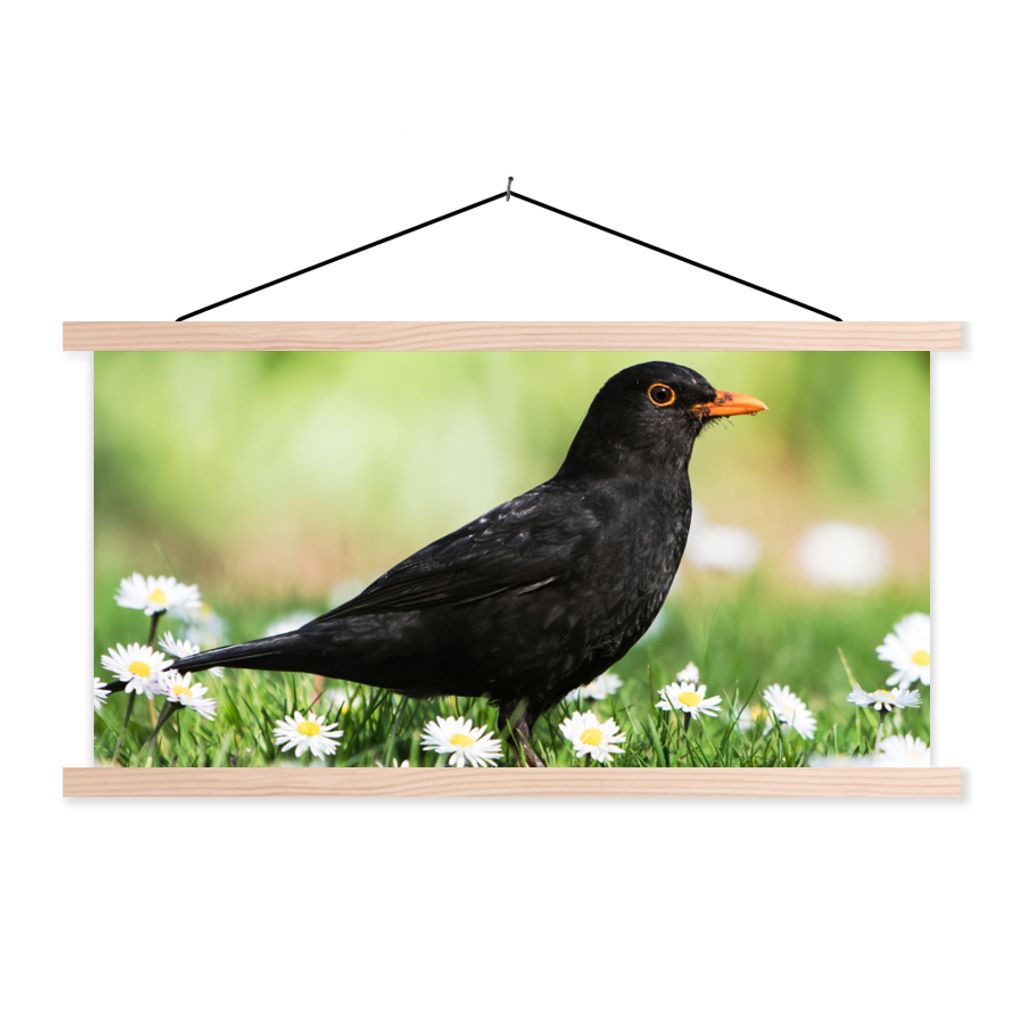 MuchoWow Textilposter Vogel - Amsel - Blumen 120x60 cm mit holzfarbenen Rahmen - Klemmleiste