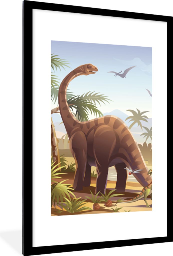 MuchoWow Gerahmtes Poster Dinosaurier - Landschaft - Tropisch - Kinder - Jungen 60x90 cm - Poster mit Schwarzem Bilderrahmen Wandposter Rahmen Fo...