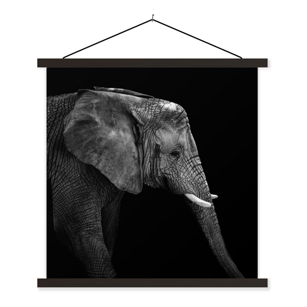 MuchoWow Textilposter Elefant - Schwarz und weiß - Porträt - Tiere 40x40 cm mit schwarzem Rahmen - Fotos