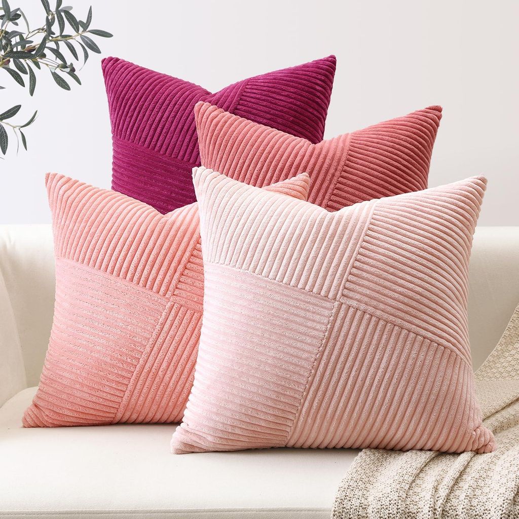 Set mit 4 Kissenbezügen aus Cord, Sofakissen aus Cord mit Windmühlenstreifen, Dekokissen, Kissenbezüge im Patchwork-Design für das Wohnzimmer (...