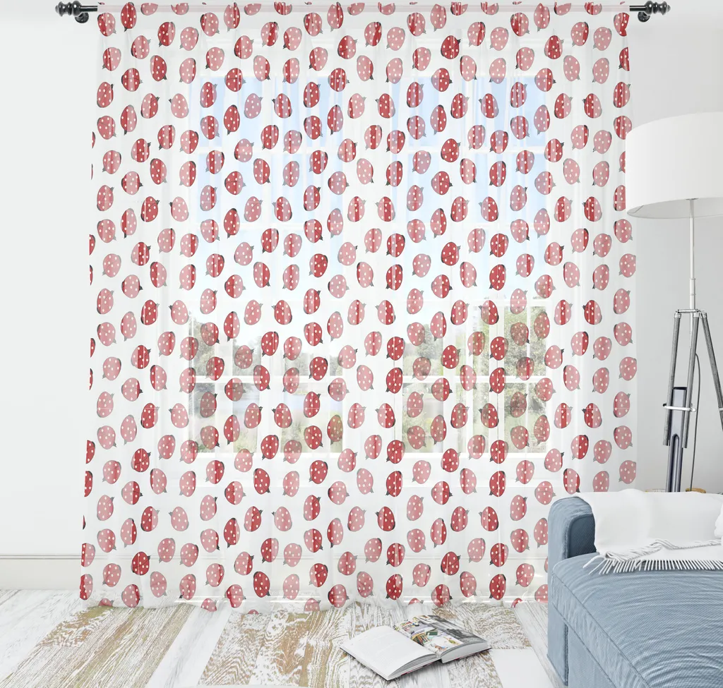 ABAKUHAUS Arazzo con coccinelle, illustrazione di Simple Ladybug Motivo primaverile ripetitivo con pois, tessuto satinato setoso per soggiorno e camera da letto, 135 cm x 274 cm, vermiglio e bianco