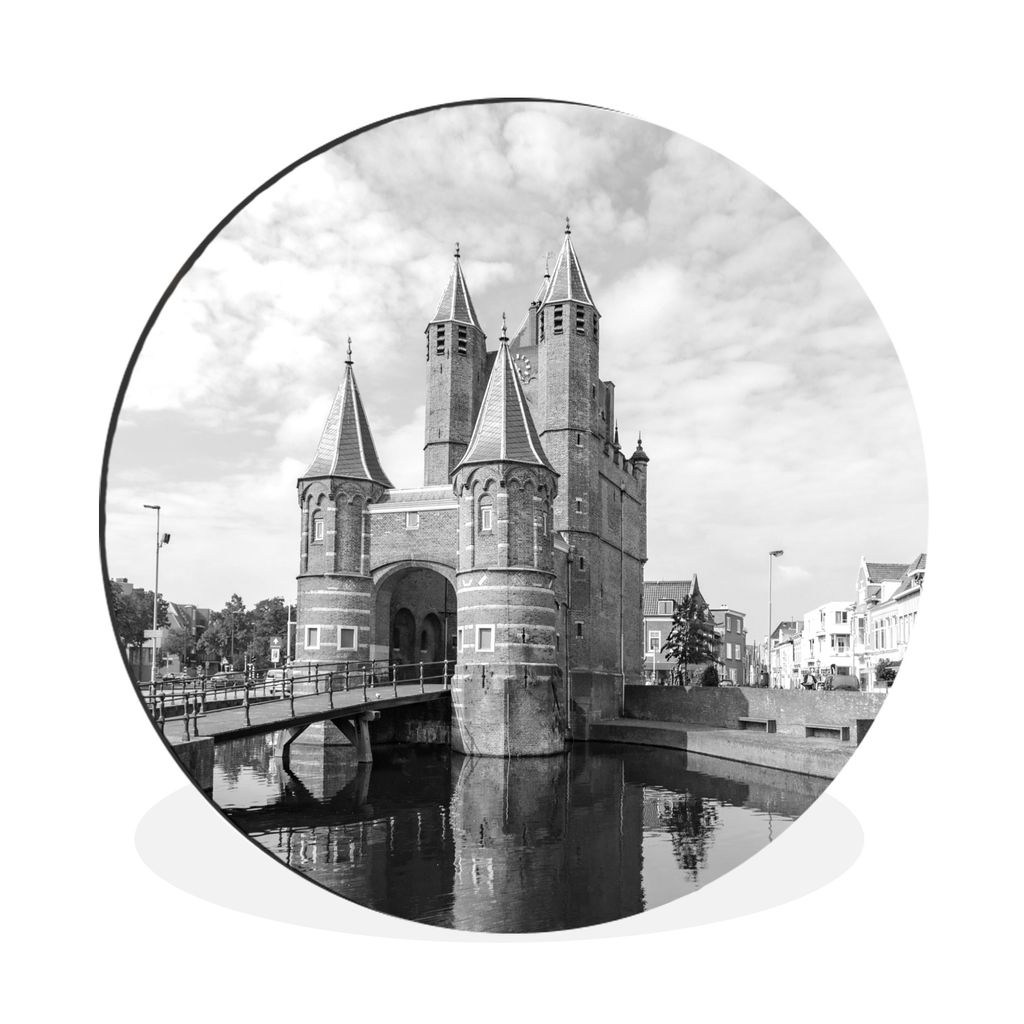 MuchoWow Aluminium Wandkreis Amsterdamer Tor an den Grachten - schwarz und weiß Ø 30 cm Wanddeko Modern Wohnzimmer - Wand Bild - Wohnzimmer - R...