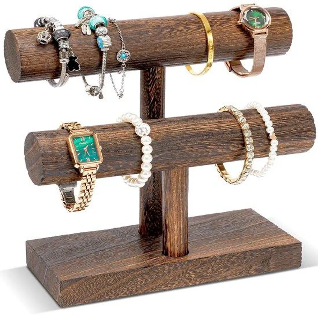 Présentoir à bijoux en bois marron 2 niveaux pour montres et bracelets