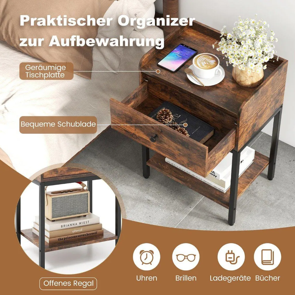 Table de chevet avec tiroir marron rustique 42x30x60 cm style industriel