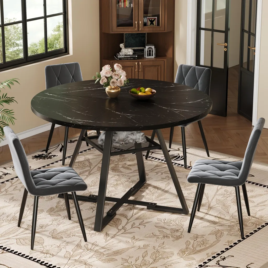 Table de cuisine ronde design moderne marbre blanc et pieds noirs