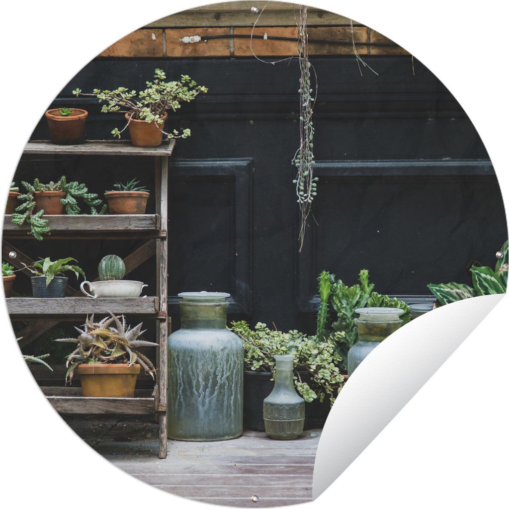 MuchoWow Gartenposter Outdoor-Poster Rund Töpfe im Garten Ø 90 cm Gartendeko Rundes Poster draußen