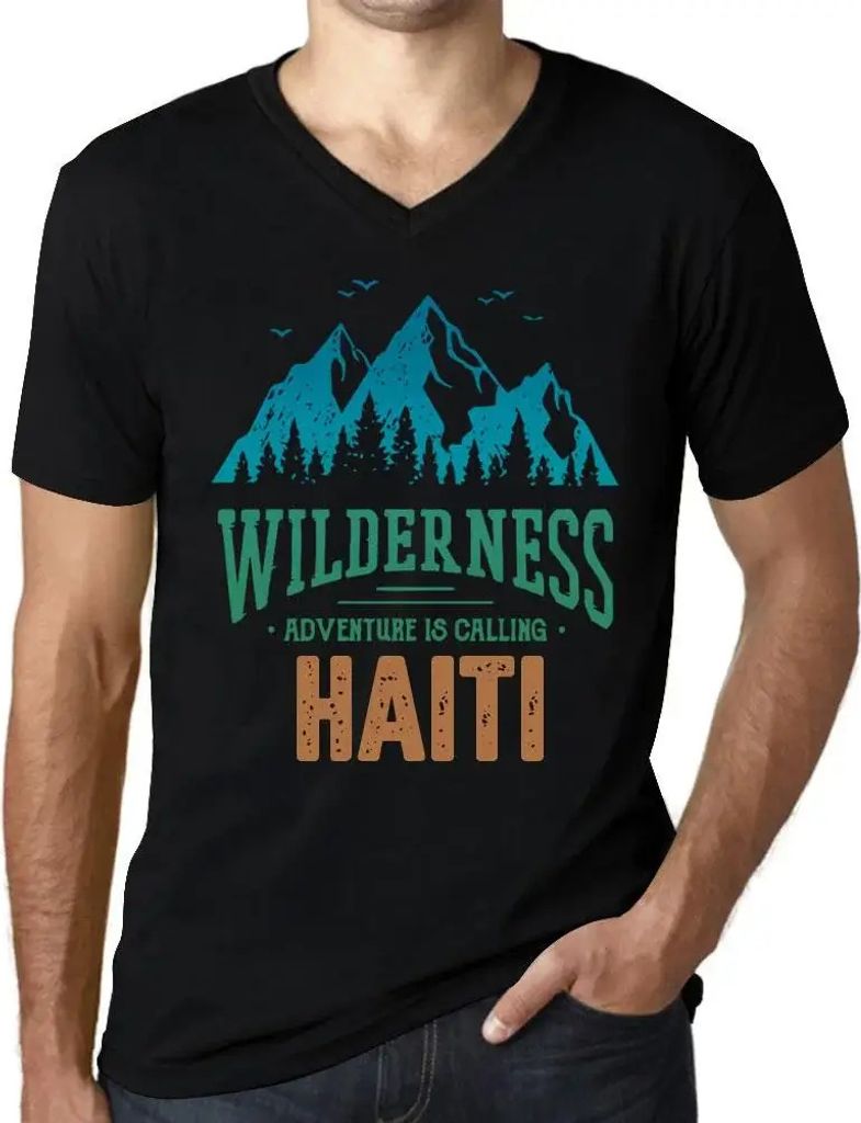 Herren Grafik T-Shirt V-Ausschnitt Die Wildnis das Abenteuer ruft Haiti – Wilderness, Adventure Is Calling Haiti – Öko-Verantwortlich Vintage ...