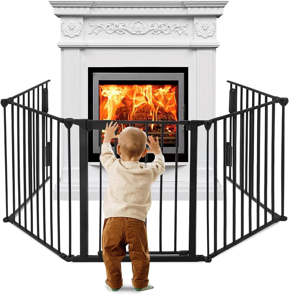 ACXIN Kaminschutzgitter Metall mit Tür 300cm Ofenschutzgitter Absperrgitter Tierschutzgitter Laufstall Baby Faltbar , 5 Elemente (je 75 x 60 cm)