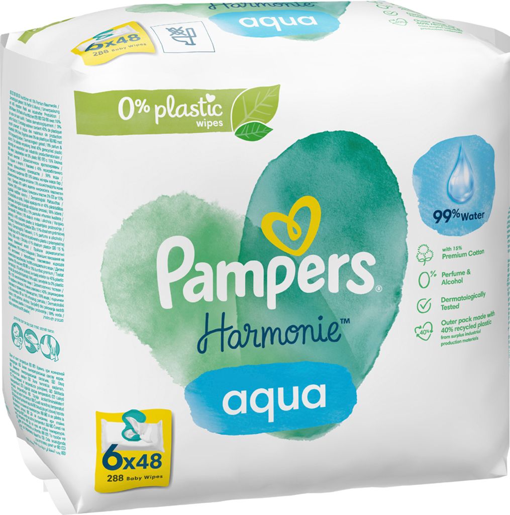 A pack of Pampers Harmonie aqua baby wipes.