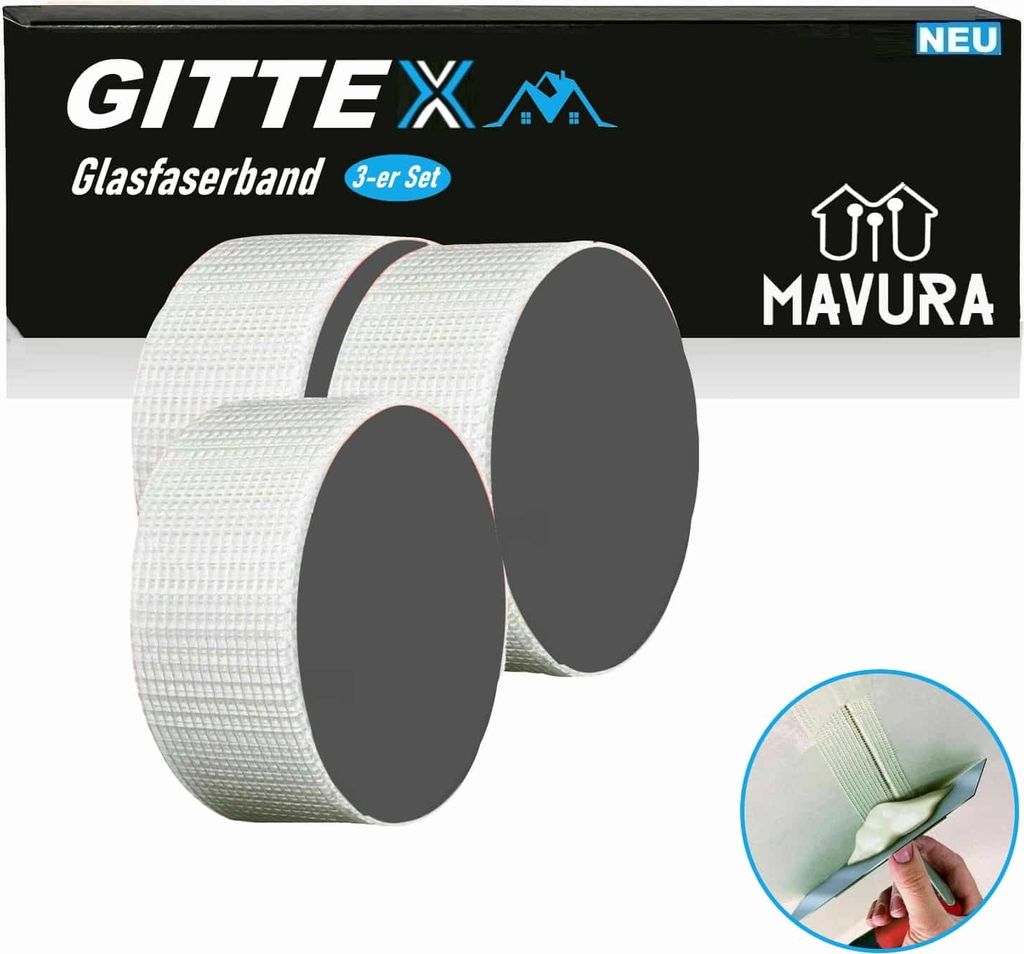 GITTEX Glasfasergewebe Glasfaser Gewebeband Gitterband Glasfaserband Fugenband Wand, Reparatur Band Fugendeckstreifen Gipskarton selbstklebend [3er...