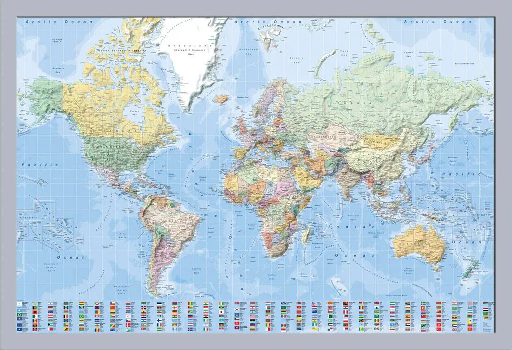 Poster Carte du Monde encadré - Planisphère en anglais 91,5x61cm Argent