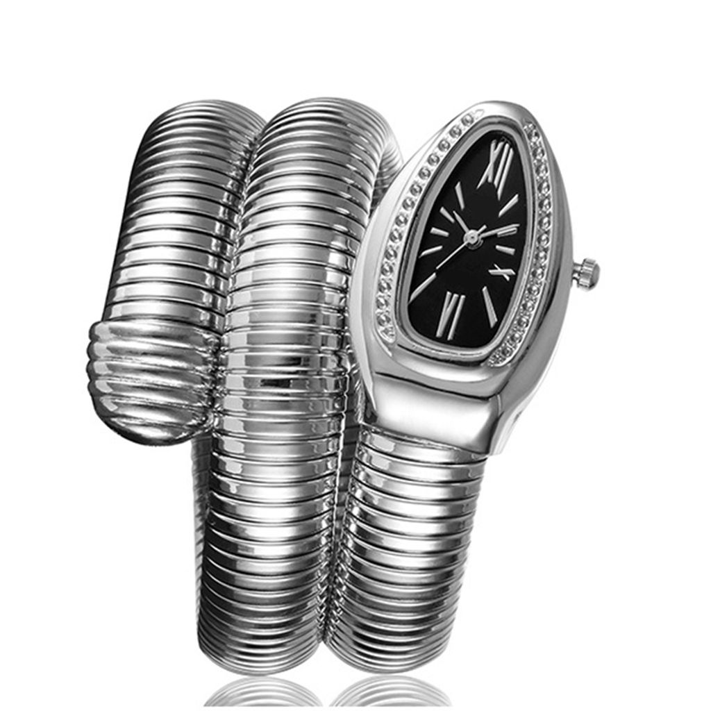 A silver snake-shaped watch with a black face and diamond accents, presented on a white background.