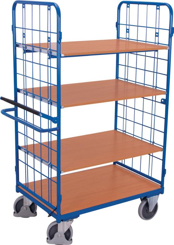 VARIOfit Etagenwagen, hoch mit Totmannbremse, seitlich vergittert und 3 Ladeflächen 1000x700mm RAL 5010 Enzianblau