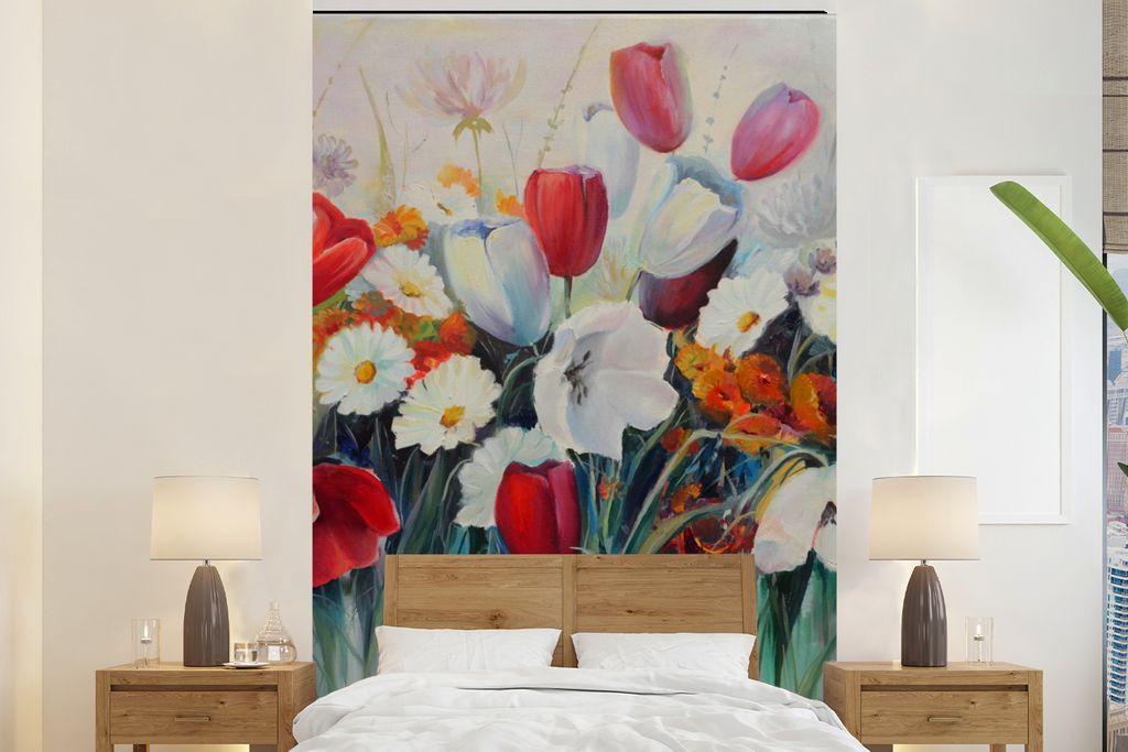 MuchoWow Fototapete für Wohnzimmer oder Schlafzimmer Wandtapete Vinyl Motivtapete Malerei - Ölgemälde - Blumen - 200x300 cm - Wanddekorationen