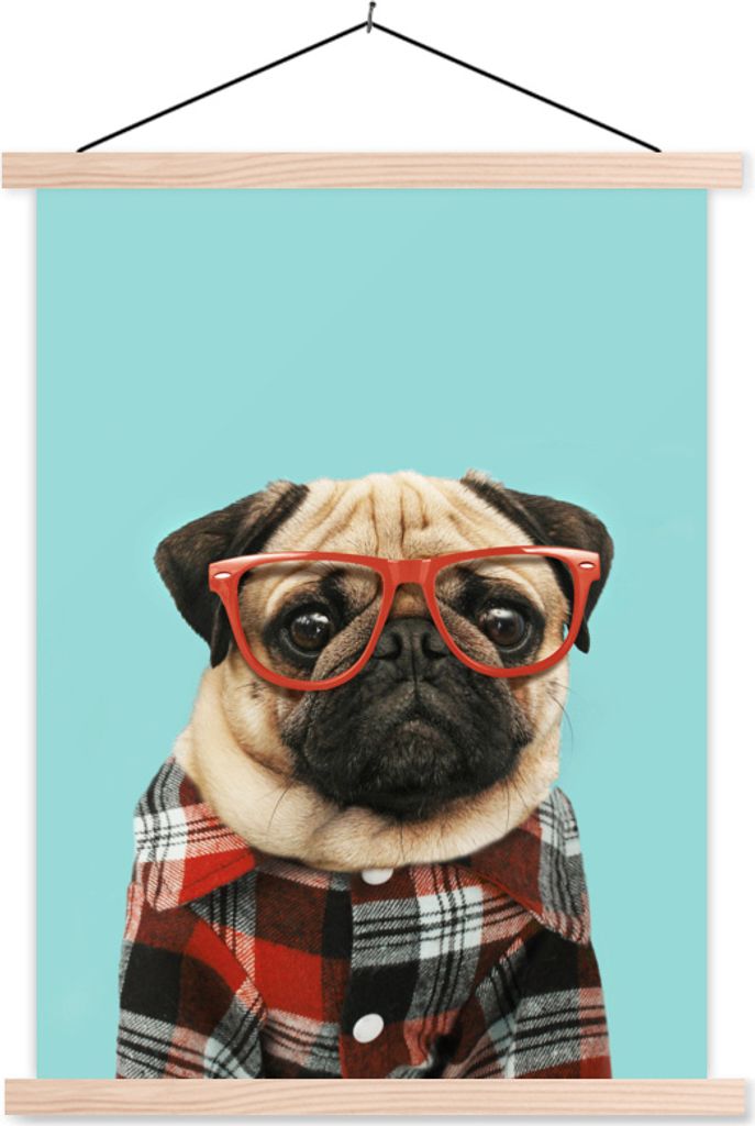 MuchoWow Textilposter Hund - Hipster - Brille - Bluse 40x53 cm mit holzfarbenen Rahmen - Schlafzimmer