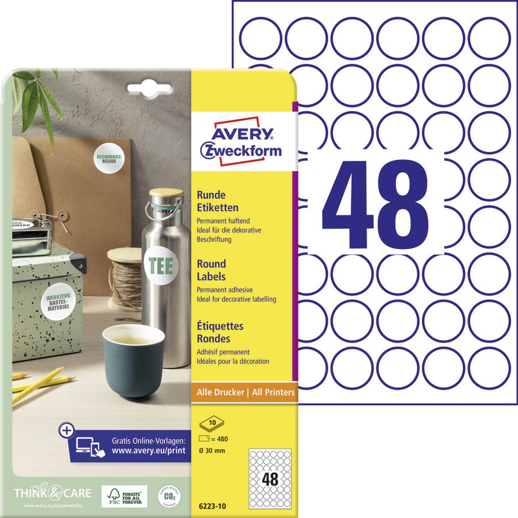 Avery Zweckform 6223-10 Runde Etiketten, A4, Ø 30 mm, weiß Produktbild 