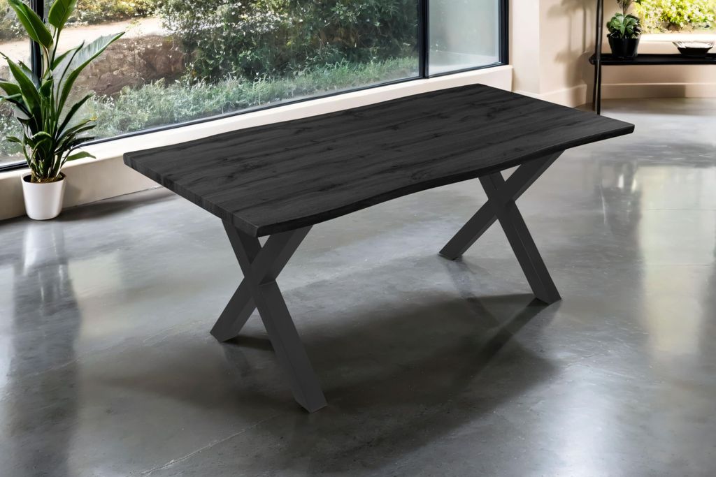 Esstisch Josy | 180 x 90 cm | Holz-Optik in Grau | X-Gestell Metall schwarz | 40 mm Tischplatte mit Baumkante | Tisch für Esszimmer & Küche