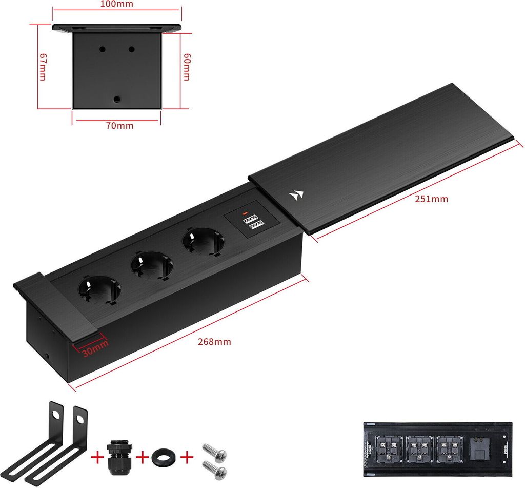 Einbausteckdose Aluminium Tischsteckdose Bodensteckdose Fußboden Steckdose 230V Modell A / 3-Fach + USB / Schwarz