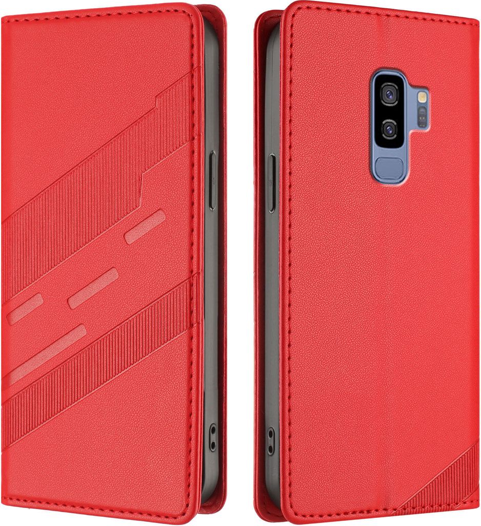 Hülle für Samsung Galaxy S9+, Kunstleder Brieftaschen Handyhülle mit Kartenfach und Standfunktion Rot