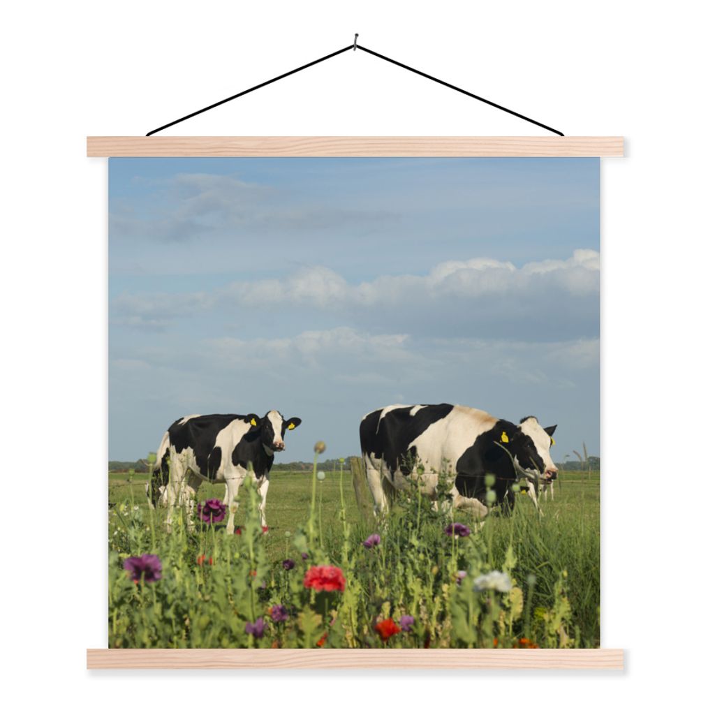 MuchoWow Textilposter Kuh - Blumen - Gras - Tiere 60x60 cm mit holzfarbenen Rahmen - Wanddekoration