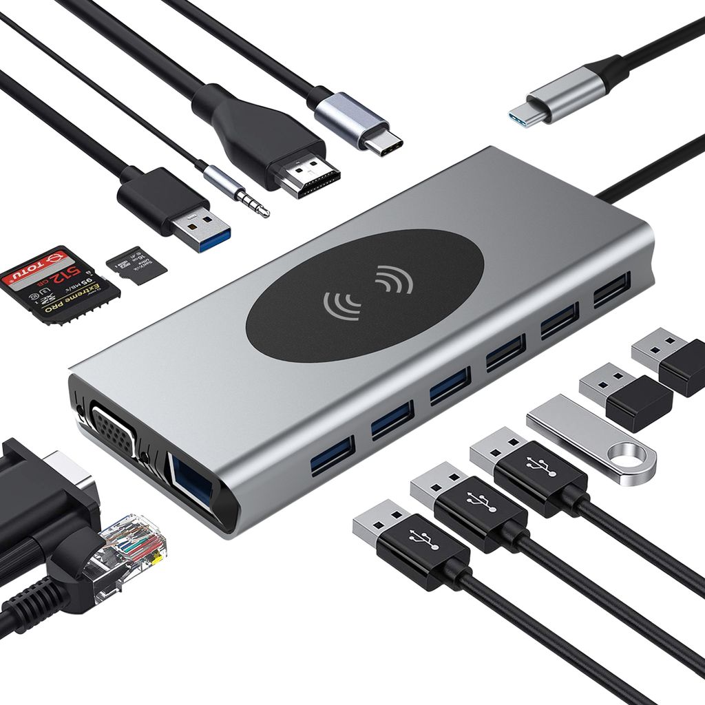 INF 15-in-1 Typ-C Hub Multiport-Adapter mit HDMI, VGA, Ethernet, USB C PD