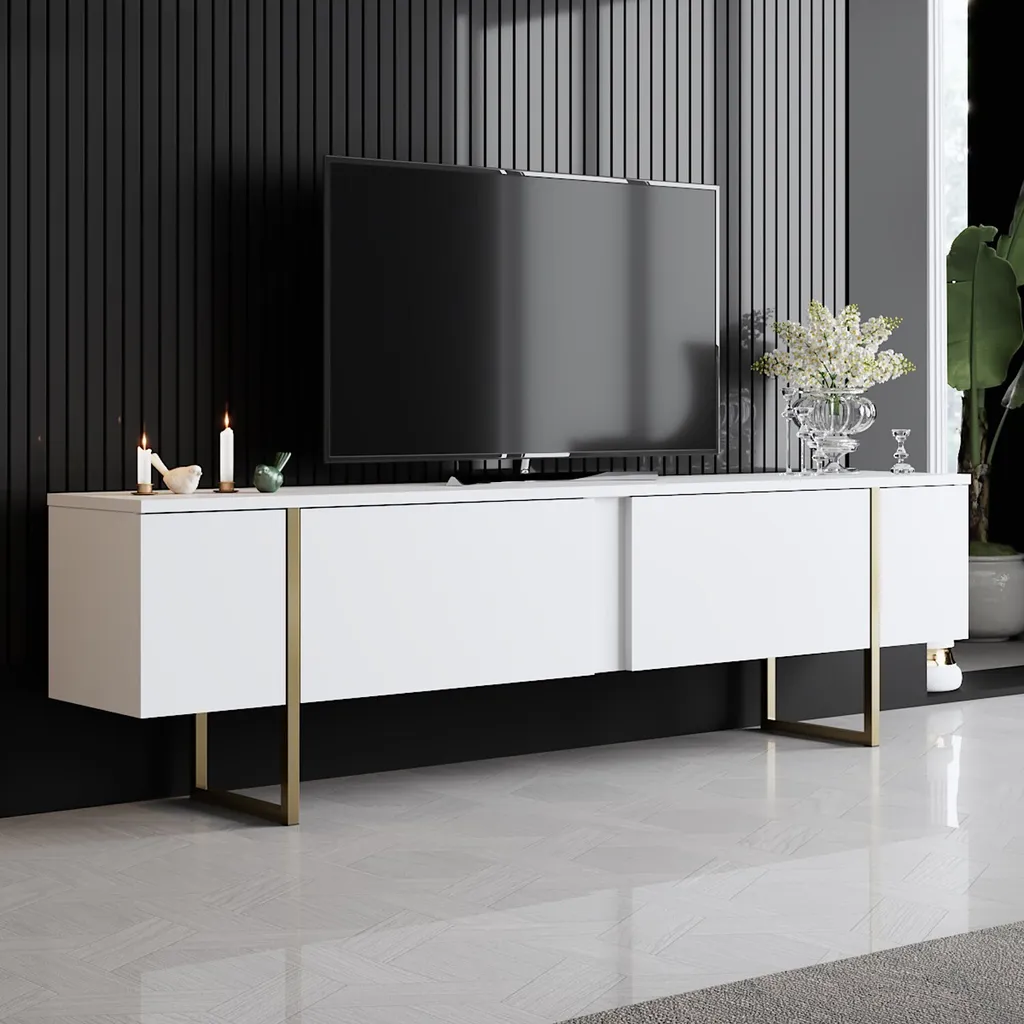 Porta TV Moderno 180x50x30 cm Skye Decor Luxe Bianco e Oro