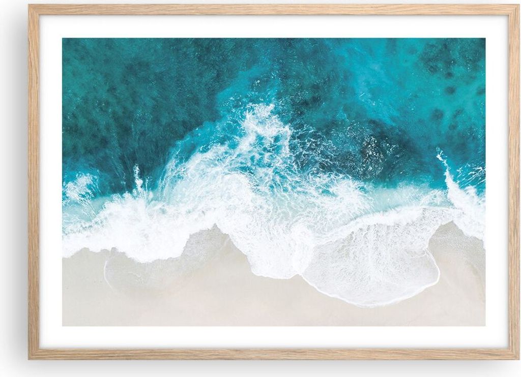 Gerahmtes Poster - Rahmen in heller Eiche - Luftaufnahmen Strand Welle - 70x50 cm - Wand Bild - Wanddeko - Wandbilder - Kunstposter - Wandposter - ...