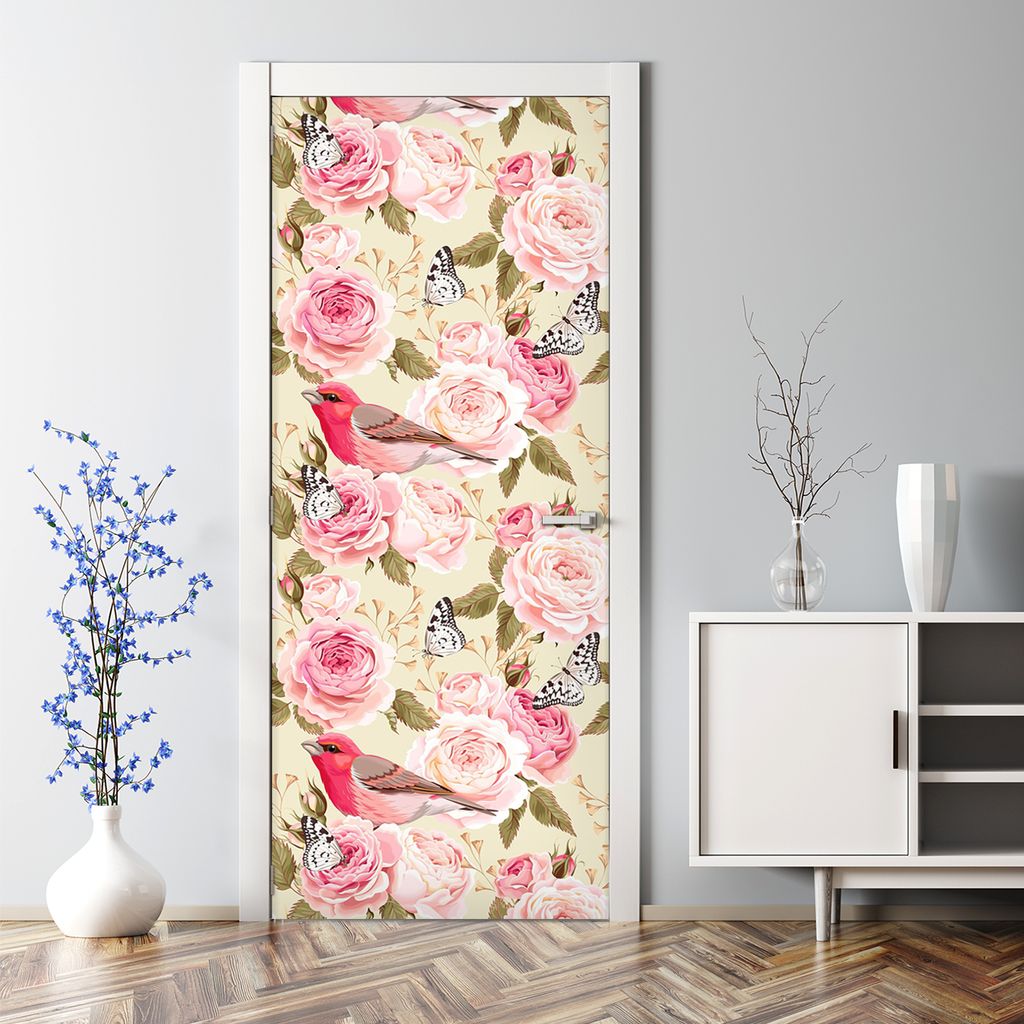 Dekorative Türposter selbstklebend Klebefolie Wandaufkleber Türaufkleber Blumen vögel rosa 85 x 200 cm