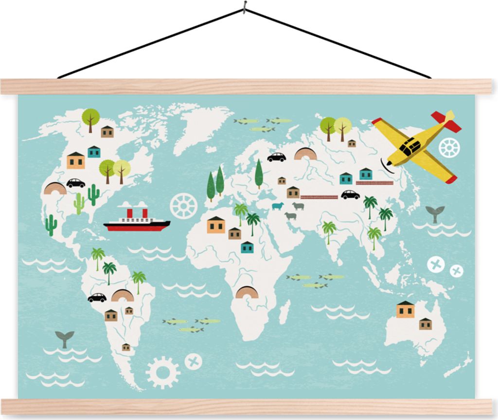 MuchoWow Textilposter Weltkarte - Kinder - Flugzeug - Boot - Jungen - Mädchen 120x80 cm mit holzfarbenen Rahmen - Aufhängeset