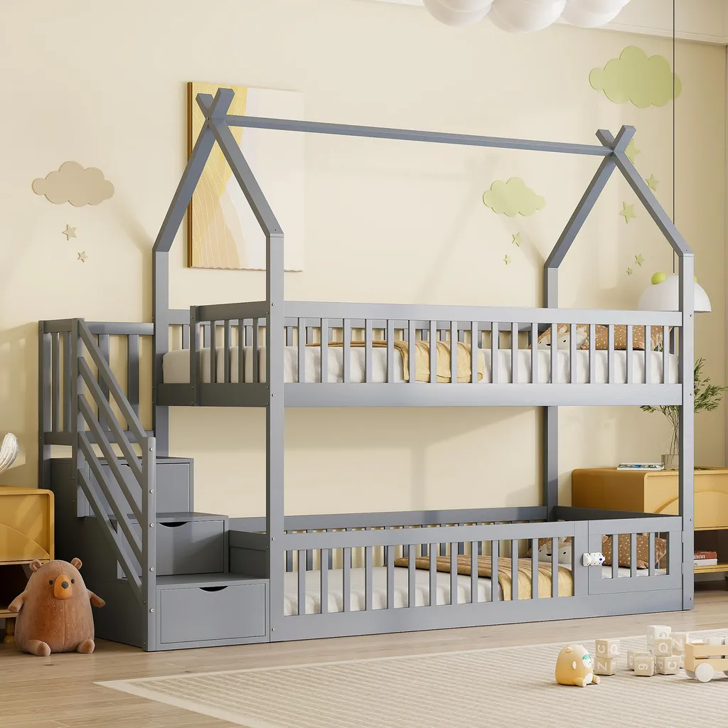 Merax Lit superposé 90x200 en bois massif gris avec escalier et tiroirs