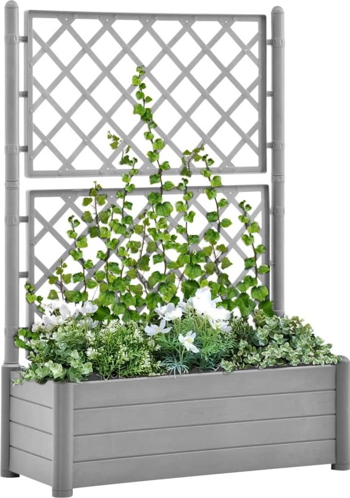 Großer Blumenkasten 30L mit Gitter und Ablaufwanne 43x43x142 cm PP Steingrau