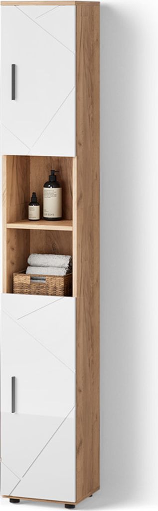Badschrank Livinity Ronco Weiß Hochglanz/Goldkraft Eiche 30 x 192 cm mit Türen, und offenen Fächern, Model 52825