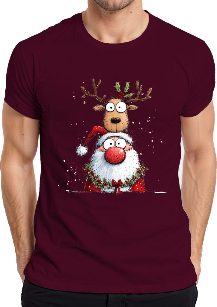 Weihnachtsmann Rentier Cartoon lustig Weihnachten Geschenk Kinder Herren T-Shirt, Burgundy, S