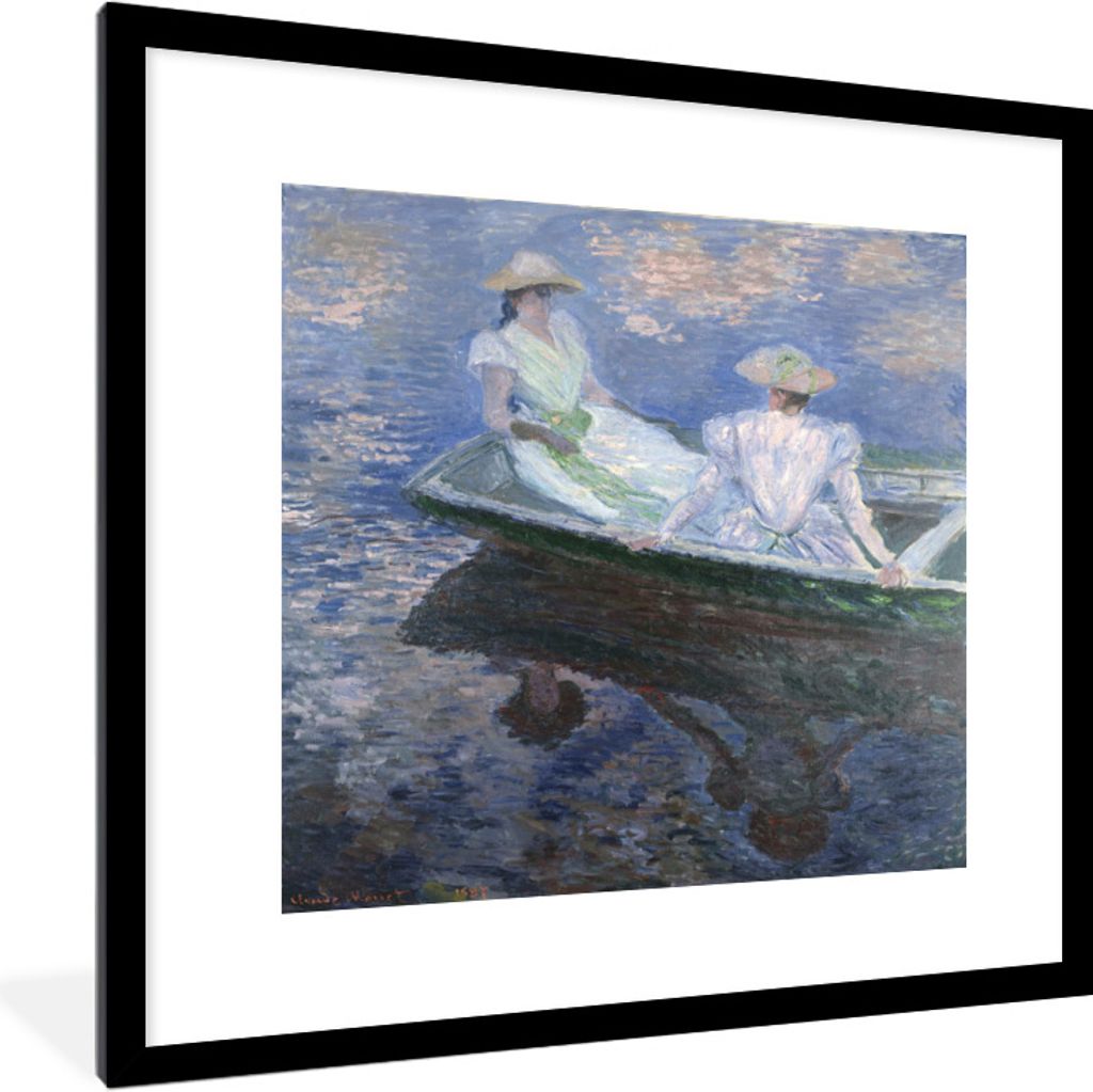 MuchoWow Gerahmtes Poster Damen in einem Boot - Gemälde von Claude Monet 40x40 cm - Poster mit Schwarzem Bilderrahmen Wandposter Rahmen Foto Bil...